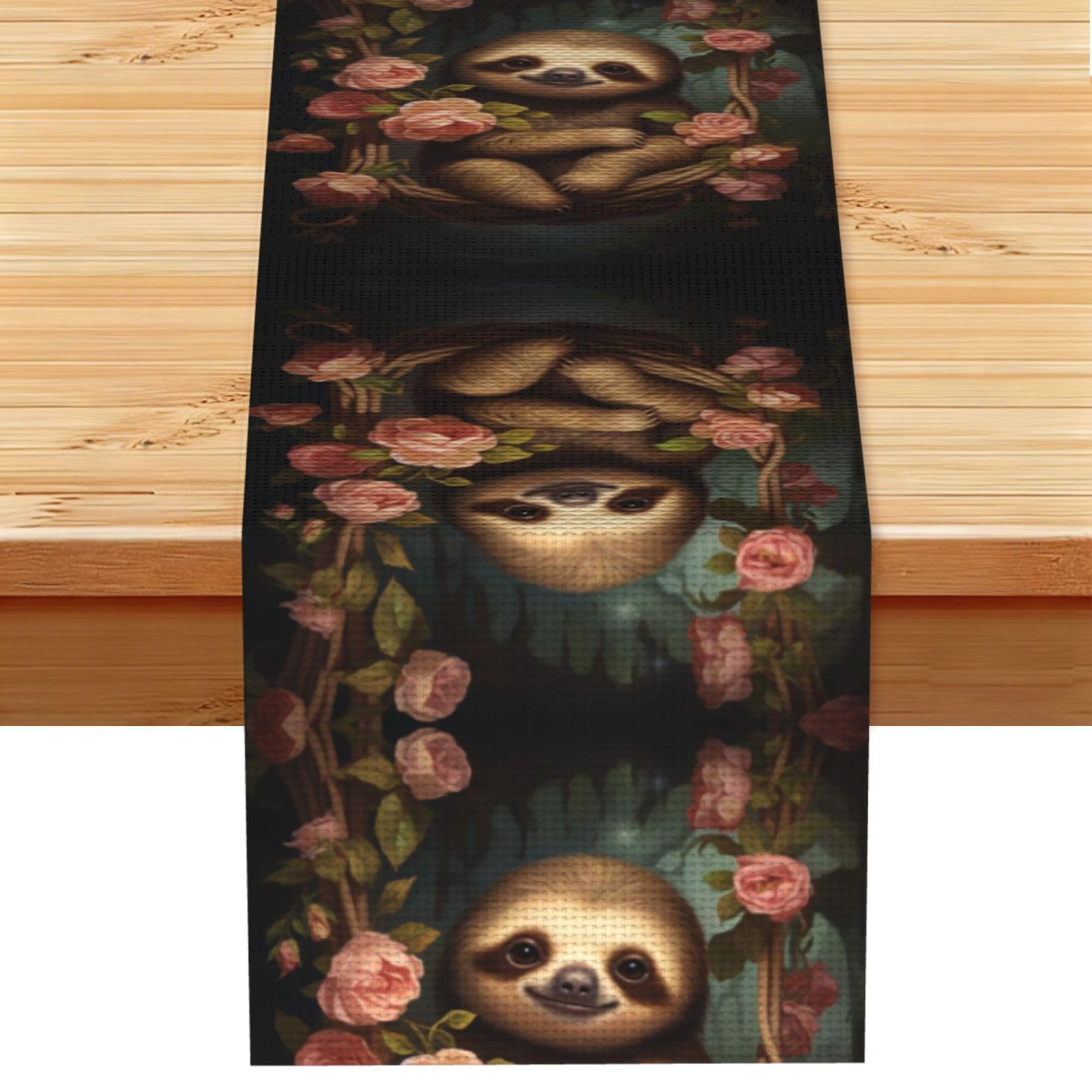 Sloth surrounded by roses Linen Feel Table Runner Wedding Party Home Decoration