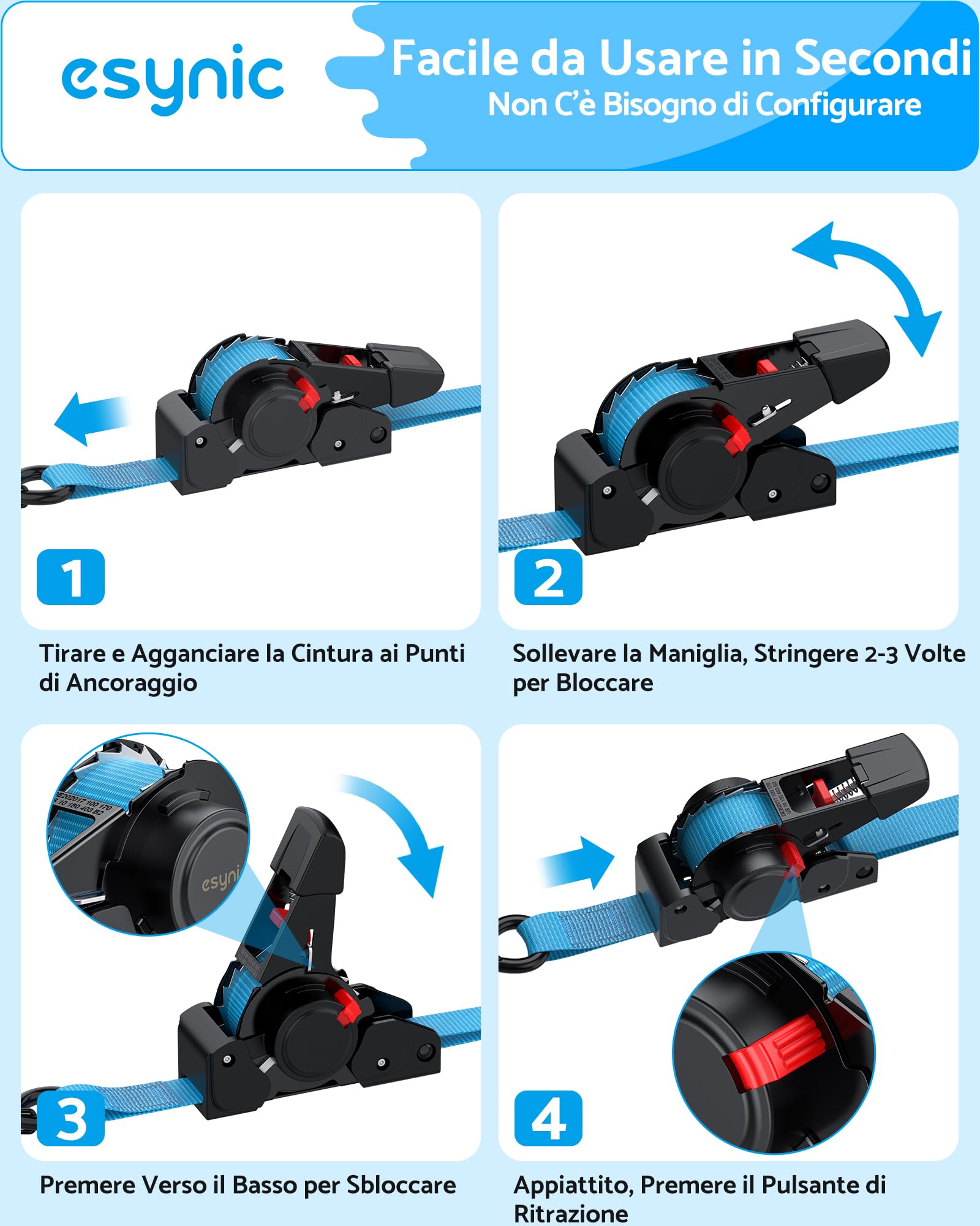 eSynic 4 Pezzi di Cinghia a Crichetto Avvolgitore Automatico Retrattile 3.5m Carico 320KG, Cinghie di Ancoraggio per Trasporto con Gancio di Sicurezza a Molla, Inclusi Anelli di Fissaggio e Custodia