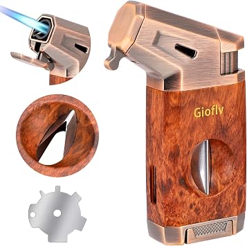 Butane Torch Lighter with V Cutter, Windproof Jet Flame Lighter Torch Refill, Adjustable Refillable Butane Lighter Gifts for Men, with Fuel Window, Fuel not Include