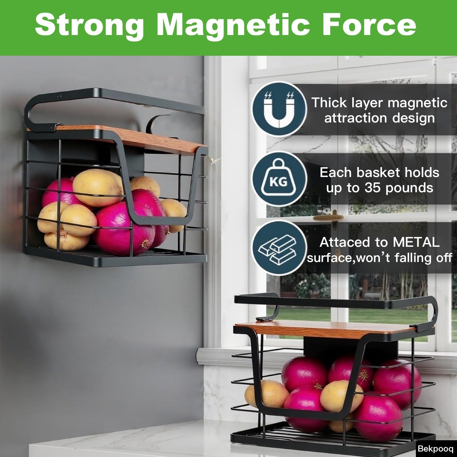 2 Pack Magnetic Trash Bag Holder, Wood Top with Guardrail, Garbage Bags, Potato and Onion Storage Bin, Magnetic&Adhesive Mount Trash Bag Dispenser for Fridge, Washer, Under Sink and RV Storage, Black