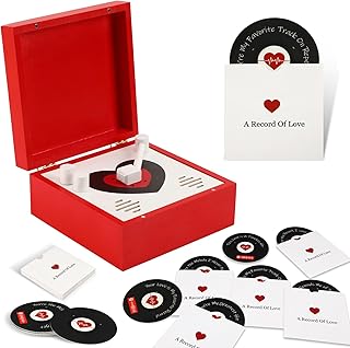 Romantic Wooden Love Note Record Player Box with 14 Vinyl-Style Message Cards & Spotify QR Codes – Gift for Him Her, Valentine’s Day Music Keepsake, Personalized Love Song Gift Box