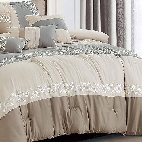 Miniatura 3 de HIG Juego de edredón bordado de 7 piezas gris topo y gris con patrón geométrico de cheurón, juego de cama moderno de retazos, cama para todas las
