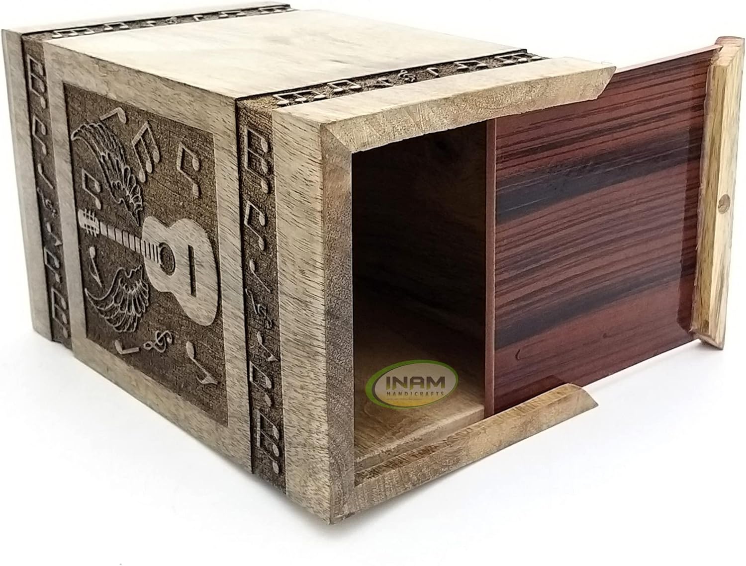 INAM's Premium Quality Funeral Supplies Cremation Urn for Adults Ashes Guitar Design Funeral Urn Suitable for Cemetery Decorated with handcrafted outstanding artwork. Music Guitar engraved wooden urn.