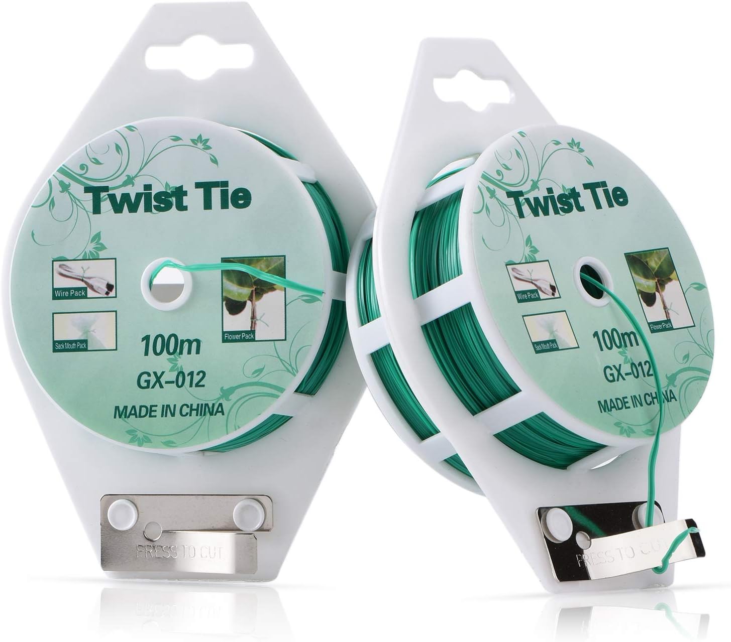 YDSL 2 Reels 328 Feet (100m) Twist Tie, Green Coated Garden Plant Ties with Cutter for Gardening and Office Organization, Home