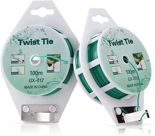 2 carretes de 328 pies (100 m) de bridas giratorias verdes con revestimiento para plantas de jardín con cortador para jardinería y organización de