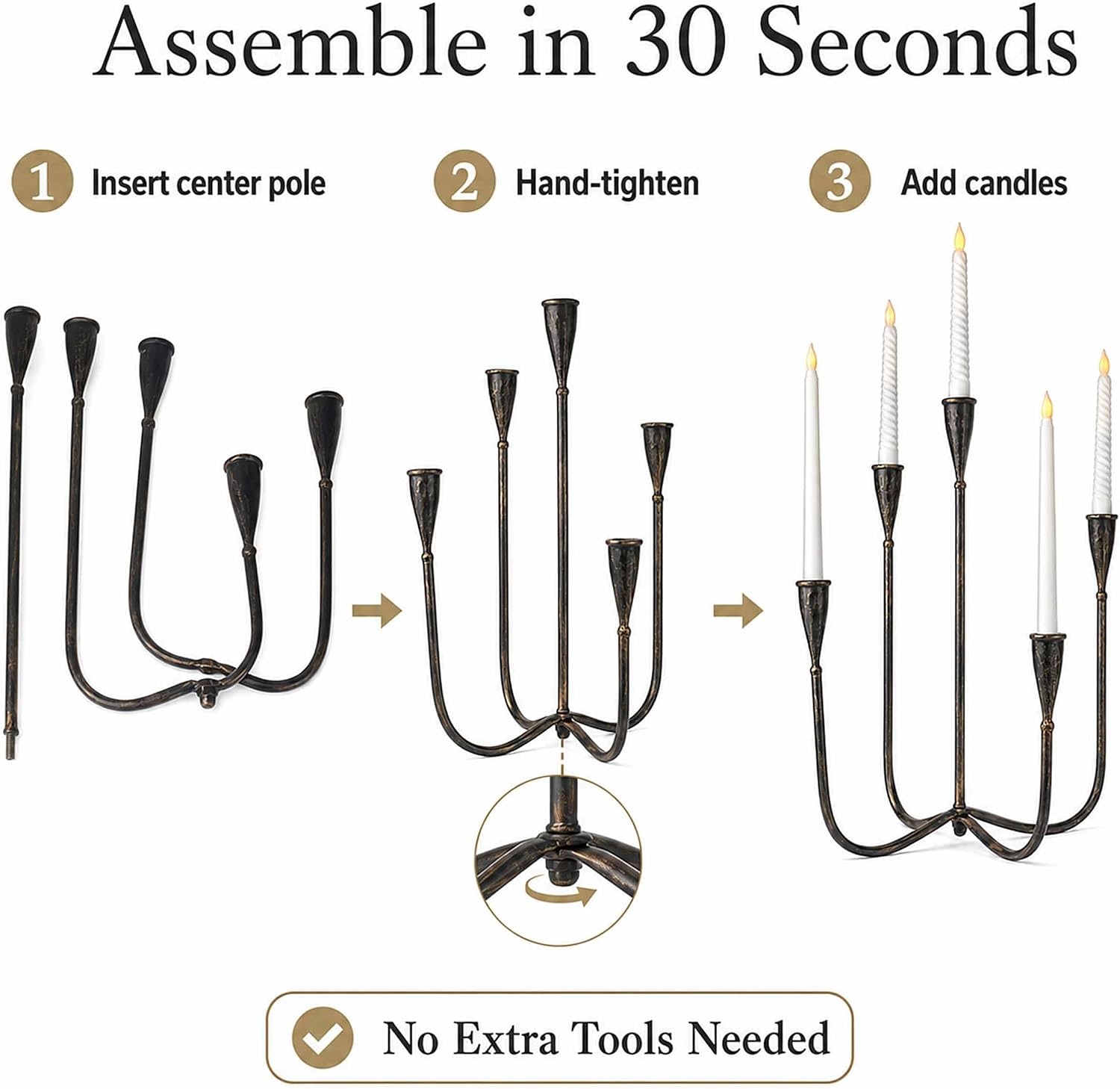 Candle Holder Vintage Candlestick Holder Stand for Stick Taper Candle, 5-Arm Cast Iron Candelabra for Wedding Centerpiece Table Decorations Fireplace Mantel Decor, Bronze