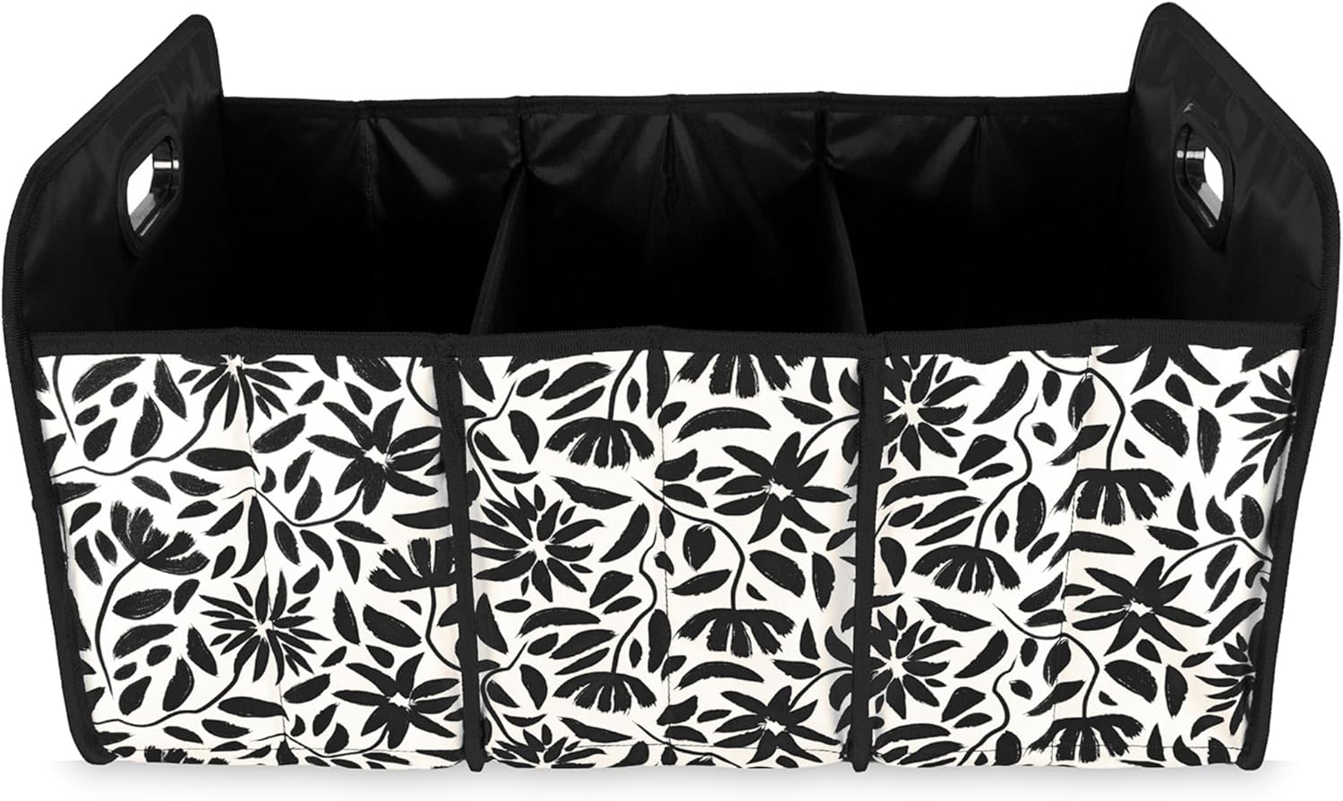 Steel Mill & Co Car Storage Bin, Car Accessories for Women, Cute Diaper Caddy/Trash/Grocery Tote for Vehicle, Trunk Organizer with Compartments, Hand Drawn Black Floral