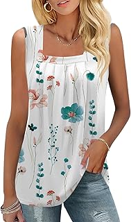 KTILG Summer Square Neck Sleeveless Tops Flowy Pleated Tunic Tank Tops for Women Loose Fit S-3XL