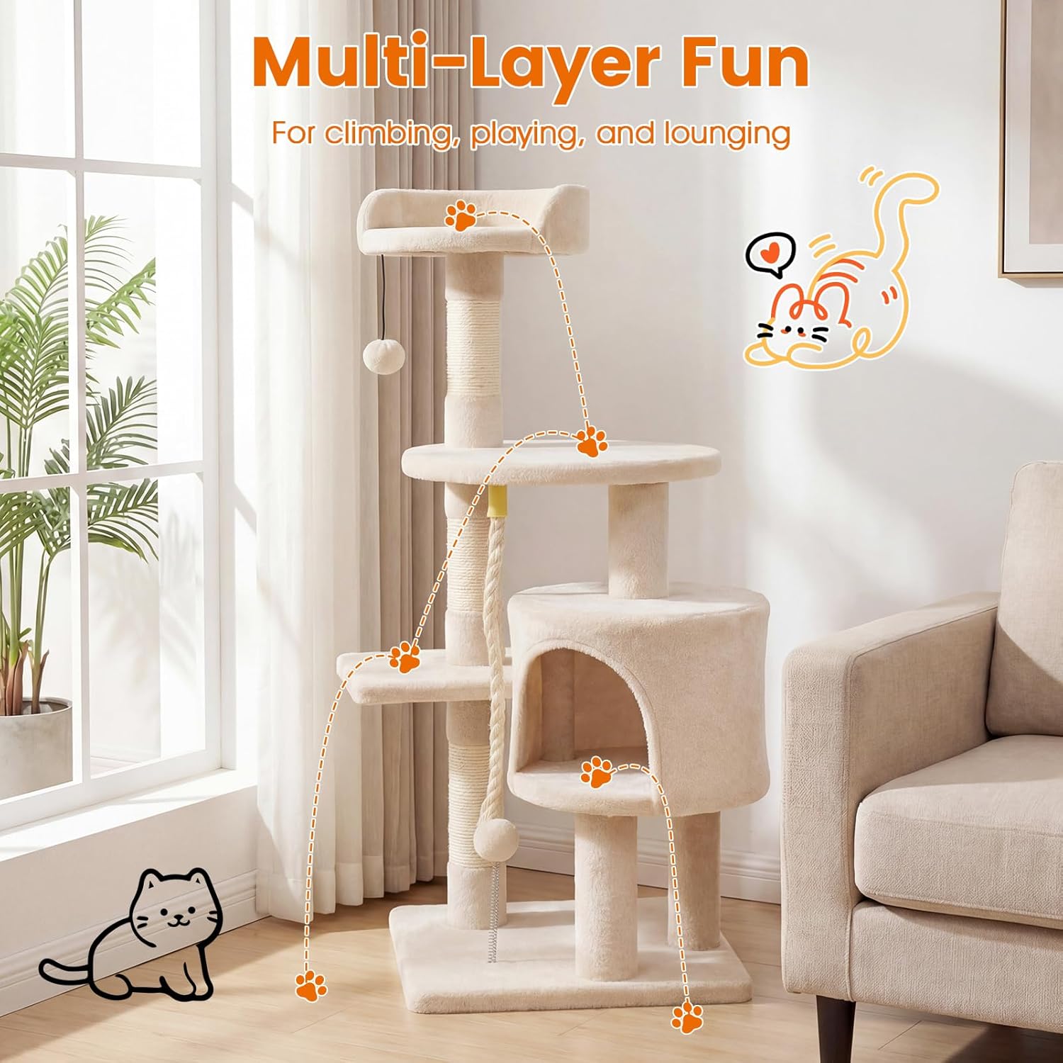 PETSITE 36-inch Multi-Level Cat Tree, with Sisal Scratching Posts, Comfy Top Perch, Cozy Condo, Playful Sisal Rope and Spring Ball, and Dangling Ball, Ideal for Indoor Cats and Kittens (Beige)