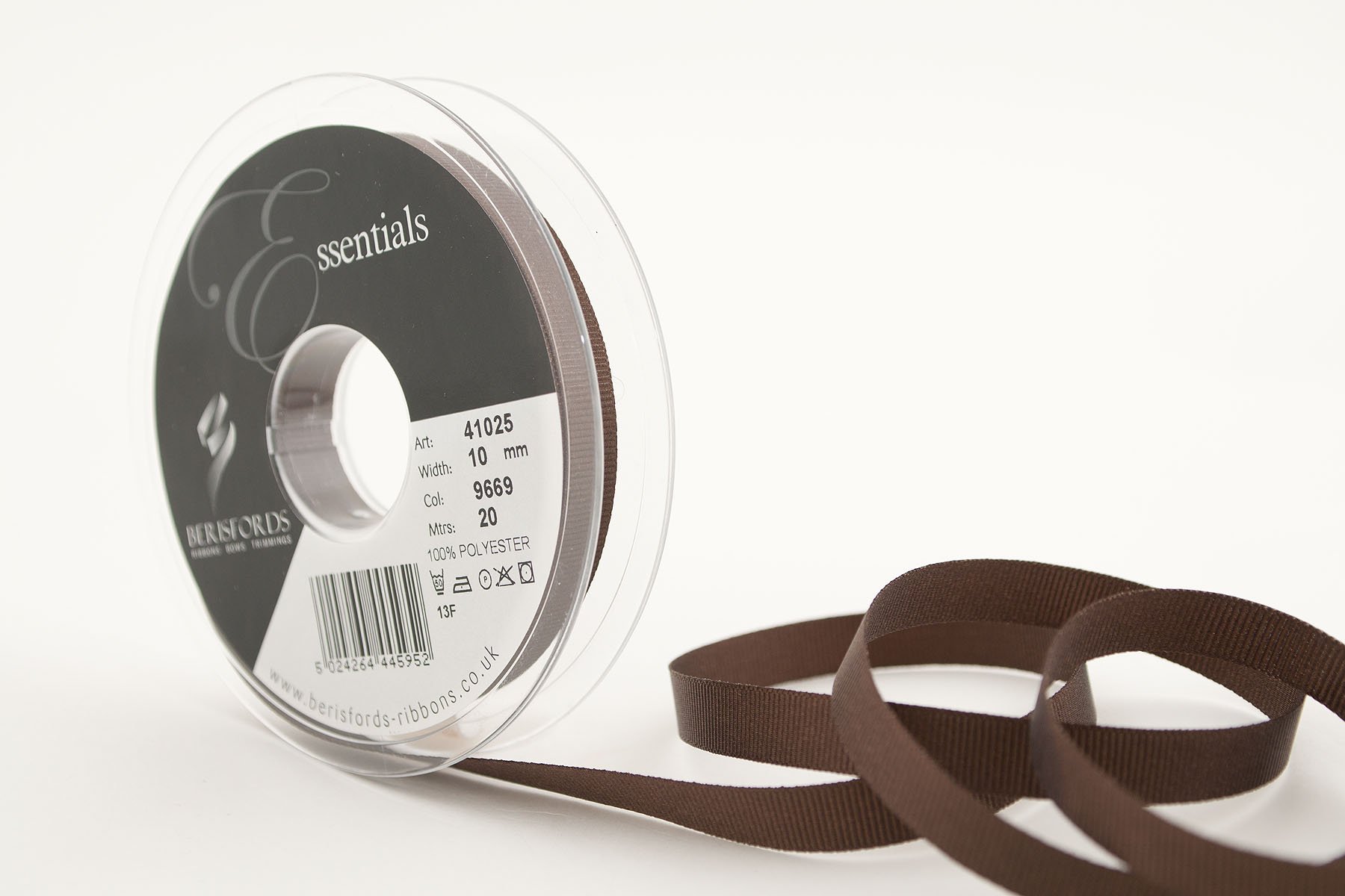 Berisfords 41025 20 m x 10 mm Polyester Grosgrain Ribbon, Chocolate