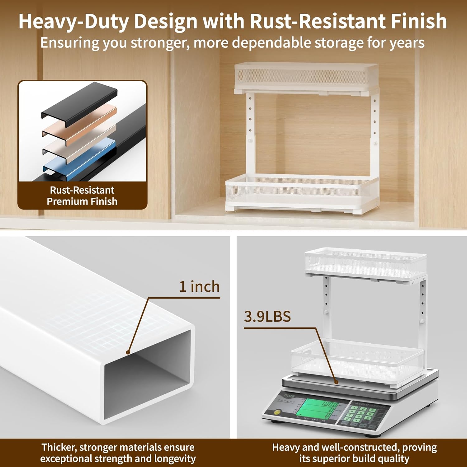 Under Sink Organizer 1 Pack, 2-Tier Slide Out Cabinet Organizer with Metal Sliding Drawer and Hooks, Pull Out Storage Baskets for Kitchen Bathroom Pantry Cabinet Organization (White (1 pack))