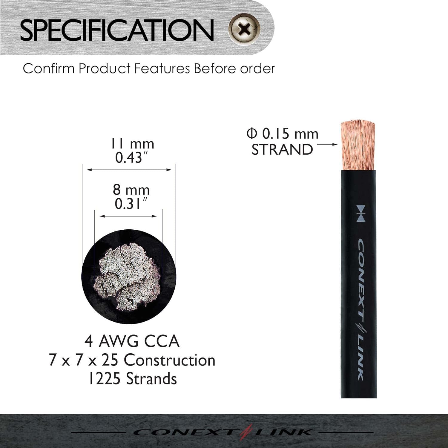 Conext Link 20 ft 4 GA Gauge AWG Car Amplifier Battery Power Cable Ground Wire CCA Frost Black （10843）