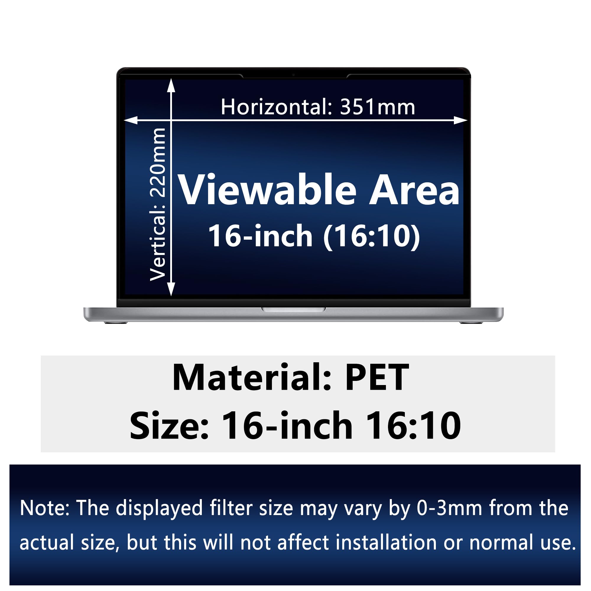 Pellicola Magnetica per Privacy da 16 Pollici 16:10, Anti-Luce Blu, Antiriflesso, Antigraffio, Bifacciale, Rimovibile Pellicola Privacy per Laptop (16 pollici 16:10-351 x 225 mm)