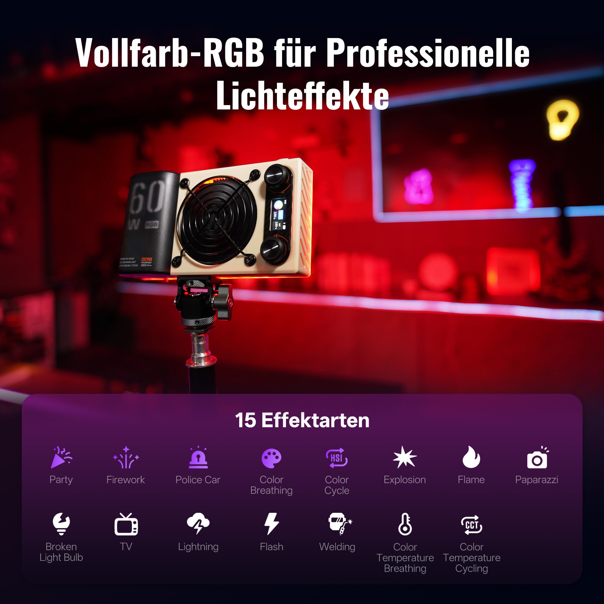 ZHIYUN FIVERAY M60 Ultra [Offiziell]60W RGB Videoleuchte mit Cold Shoe,430g | Magnetische Befestigung, App Steuerung&Herr-Sklave, Kamera Licht für DSLR Kamera/TikTok Live/YouTube/Vlogs, 2500K~10000K