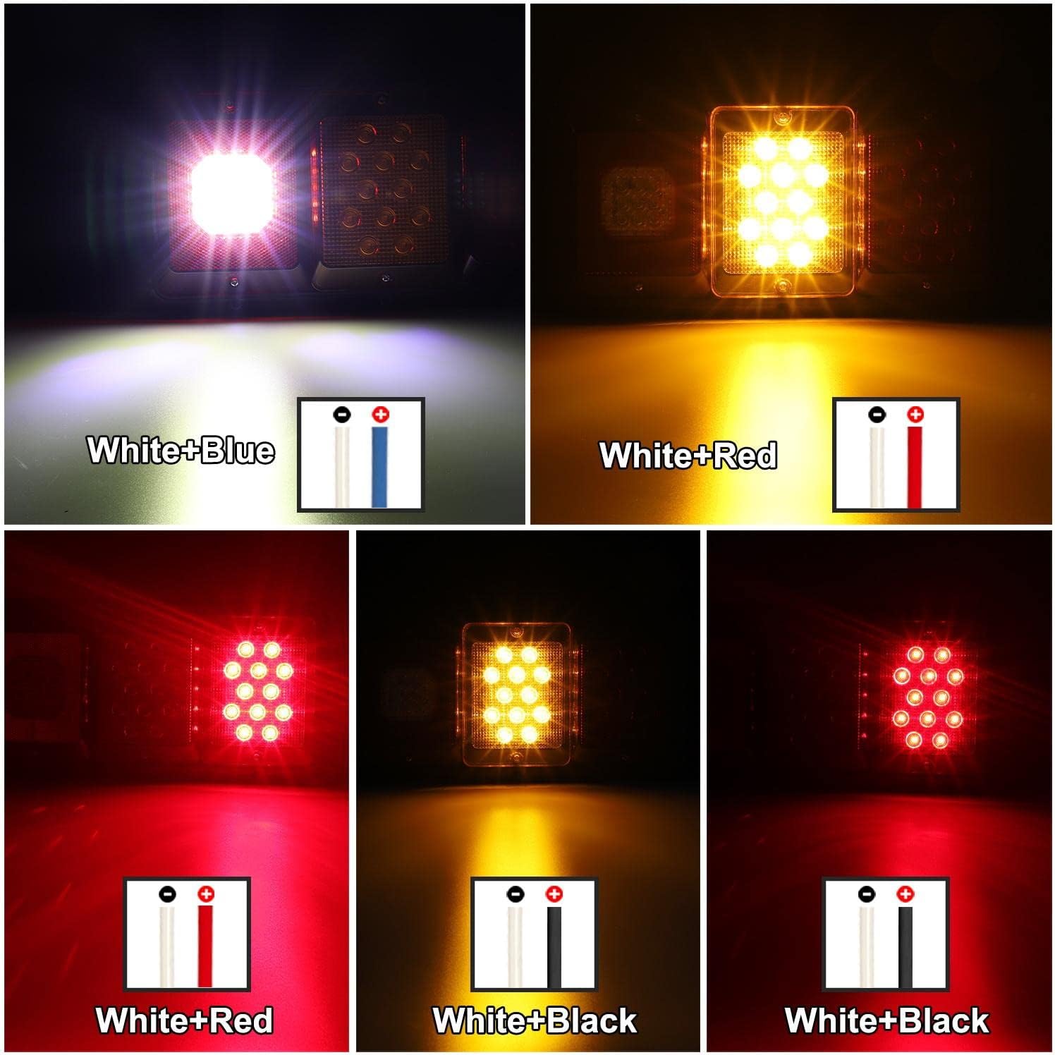 Partsam 2x LED Triple Tail Lights 45 LEDs Rectangle Vertical Horizontal Mount LED Trailer Truck Camper RV Stop Turn Tail Lights Backup Reverse Taillights w Gasket Black Base Amber/Red/Clear Lens 12V