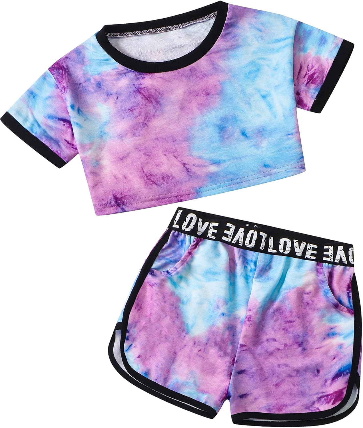Betusline Girls Summer 2 Piece Outfits,Kids Short Sleeve Crop Top & Shorts Set with Side Pockets