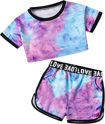 Betusline Girls Summer 2 Piece Outfits,Kids Short Sleeve Crop Top & Shorts Set with Side Pockets