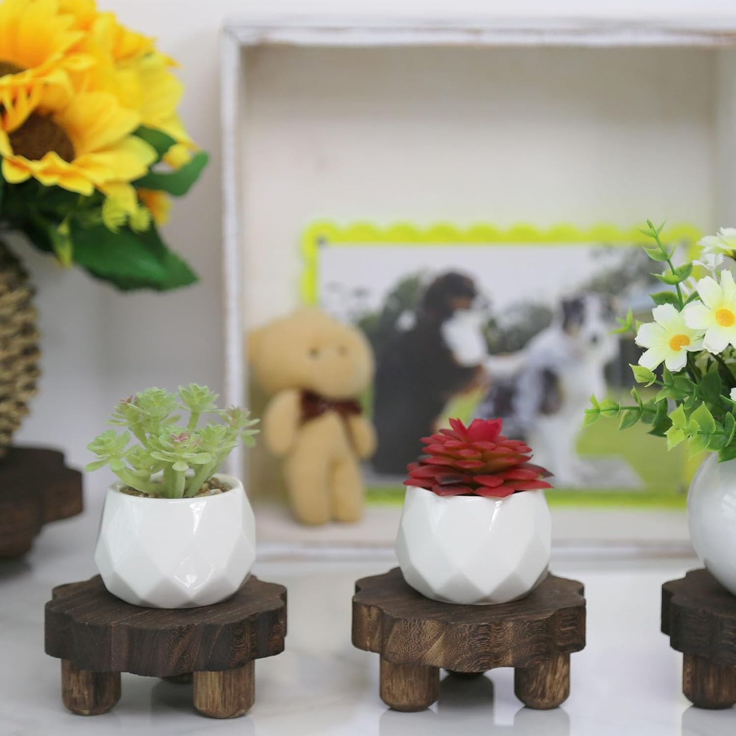 3 Pack Tiny Scalloped Wood Risers for Display ,Small Wooden Stands with Removable Feet Farmhouse Rustic Decor for Table Tiered Trays Home Kitchen Decoration (Mini Dark Brown, 4 Inch)