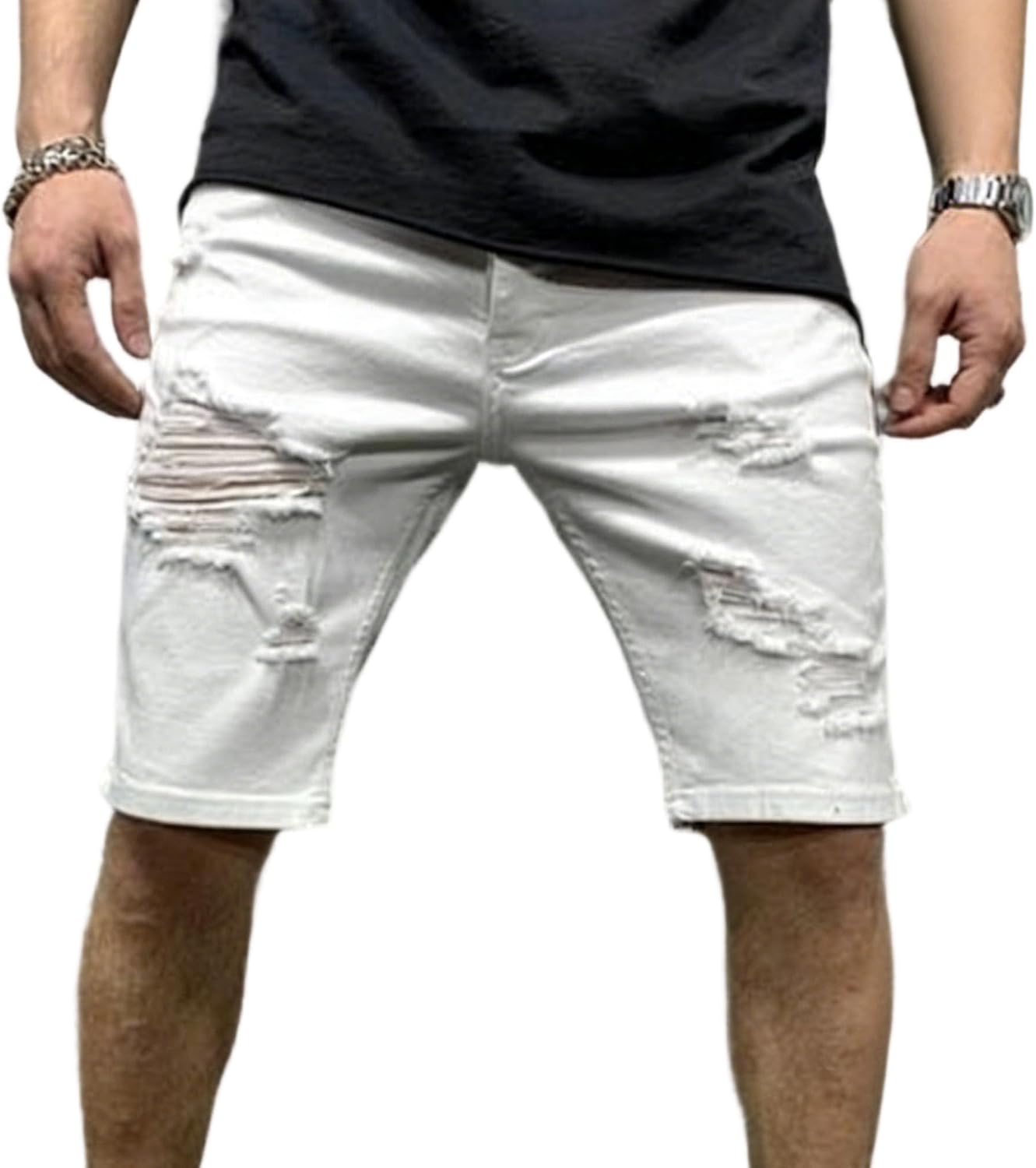 Maiyifu-GJ Men's Casual Denim Shorts Ripped Slim Fit Stretch Skinny Jean Shorts for Men