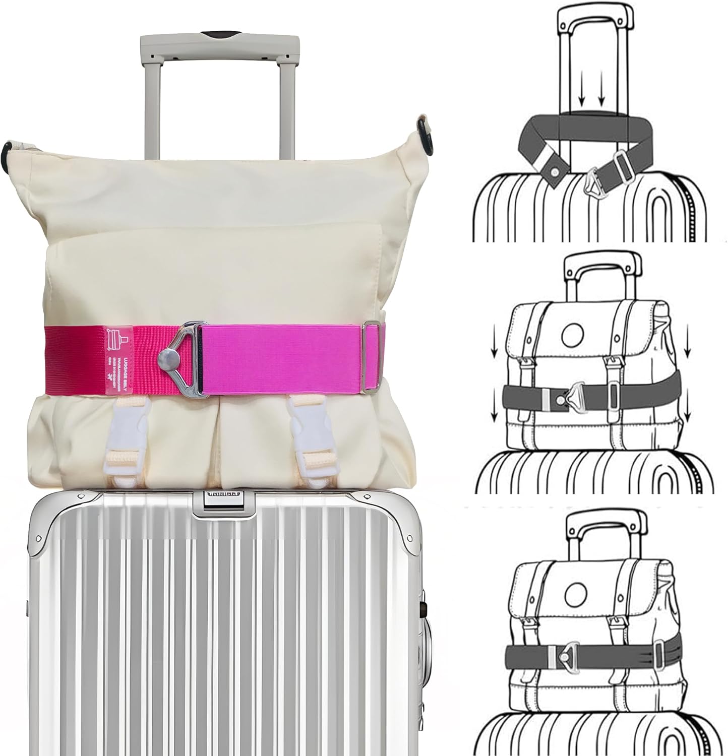 2-in-1 Travel Belt for Luggage Over Handle, Luggage Belt for Carry on Bag, Suitcase Straps, Add a Bag Bungees Luggage Straps Adjustable with Alloy Buckle,Hands-Free for Airport (Pink, 1 Pack)