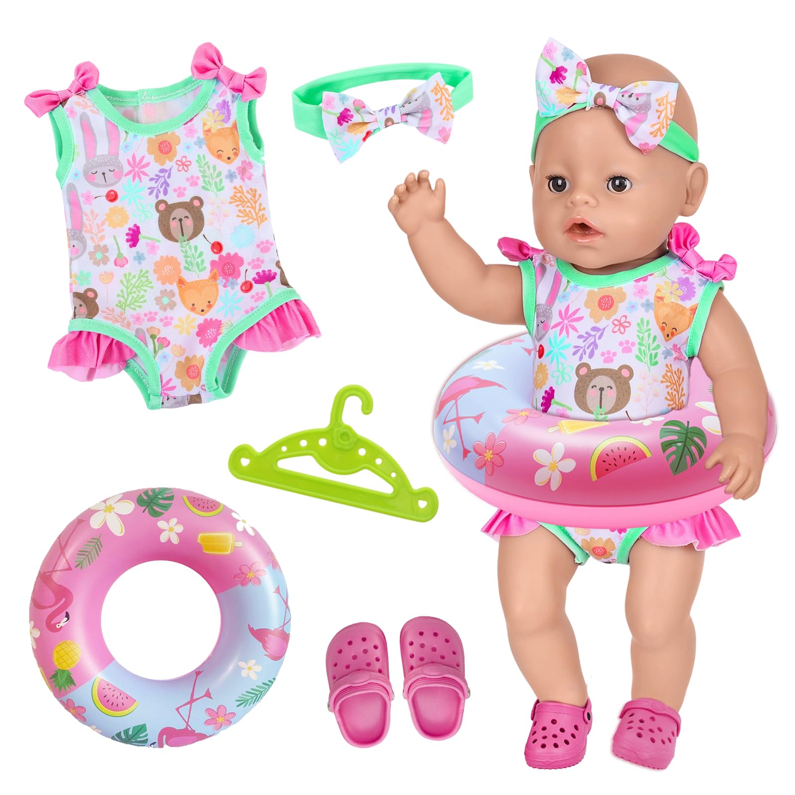 Baby Doll Swimsuits 43cm, 5 Pcs Baby Doll Clothes Swimsuit for 14-18inch Doll, Colour Print Dolls Clothes Baby Doll Accessories with One-piece Swimsuit 1 Hairband 1 swimming Ring 1 Shoes 1 Hanger