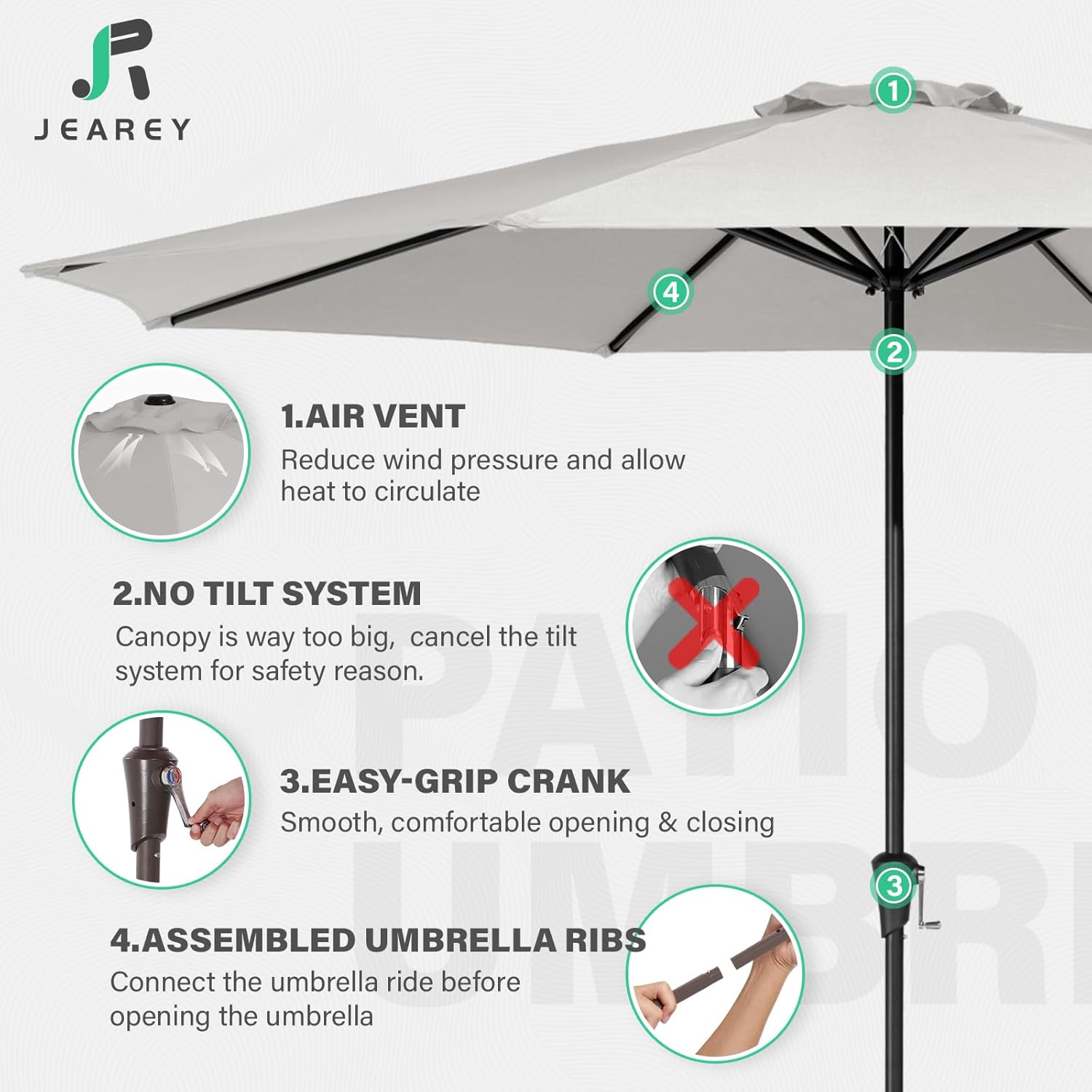 JEAREY 11' Patio Umbrellas Outdoor Table Market Umbrella w/Crank, 8 Sturdy Ribs, UV Protection Windproof for Garden, Deck, Backyard, Pool(Foggy Gray)