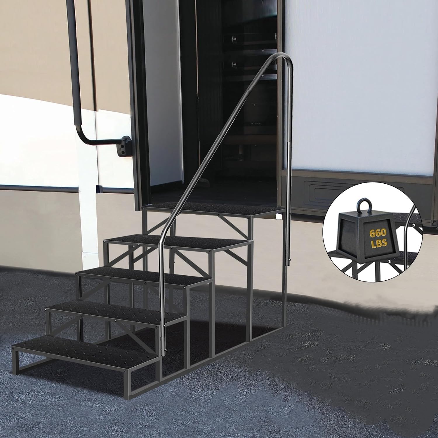 Garvee Escalier externeérieur antidérapant pour Camping-Car – Capacité 300 kg, Portable, idéal Caravane/Spa/Piscine – Marchepied Robuste avec Rampe – Simple Main Courante | 5 marches