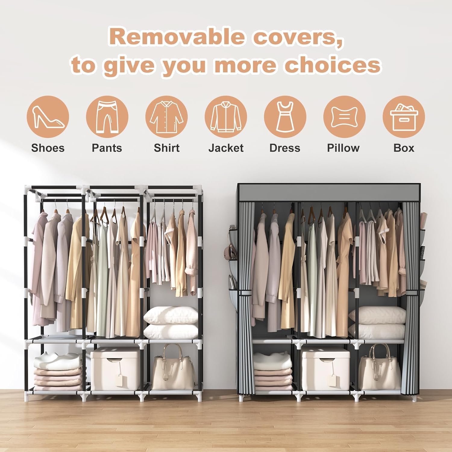 Vicye Armoire en Tissu, Wardrobe Armoire Chambre avec 3 tiges de Suspension, 6 étagères de Rangement et Poches latérales, Tube métal de 19 mm, Dressing Garde Robe Adulte pour Chambre à Coucher Gris