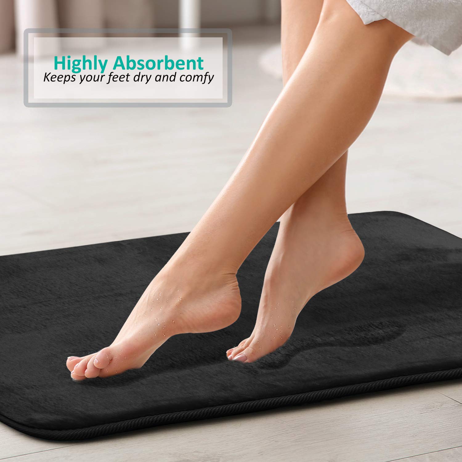 Clara Clark Bathroom, Velvet Memory Foam Mat, Non-Slip Bath Rugs Ultraweicher, Rutschfester und saugfähiger Badezimmerteppich, Samt Fleece, Schwarz, 17 x 24 + 20 x 32, 2
