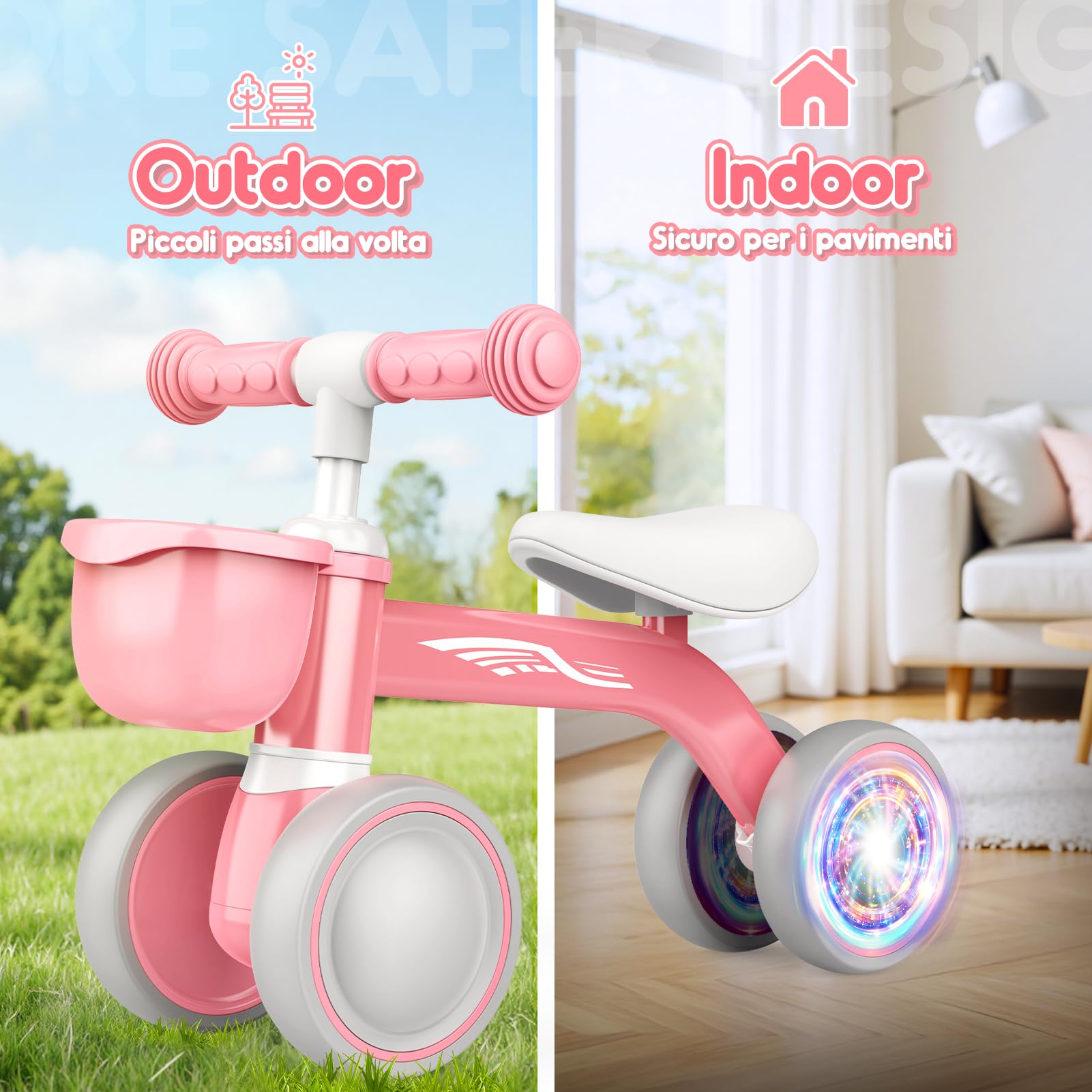 HappyGoLucky Bicicletta Bambini 12-24 Mesi con Cestino, Ruote Colorate, Ultra Leggero, Bicicletta Senza Pedali Giochi Bambina 1 2 Anni, Balance Bike Regalo Bambino 1 Anno, Primo Regalo di Compleanno