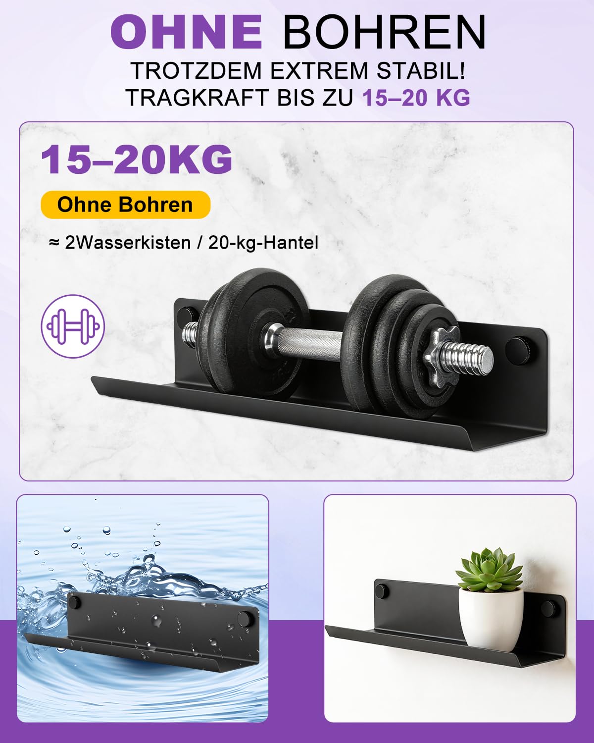 Haliya Regal für Akustikpaneele – 7,5x36 cm Wandregal ohne Bohren – Metall Schwarz matt – Zubehör für Akustikpaneele, Ablage für DIY Wandorganizer, Schweberegal für Wohnzimmer, Büro, Küche