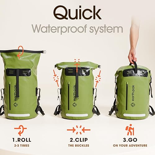 Miniatura 6 de Earth Pak Mochila impermeable 35L  55L  85L - Cierre enrollable resistente con bolsillo frontal con cremallera de fácil acceso y panel trasero