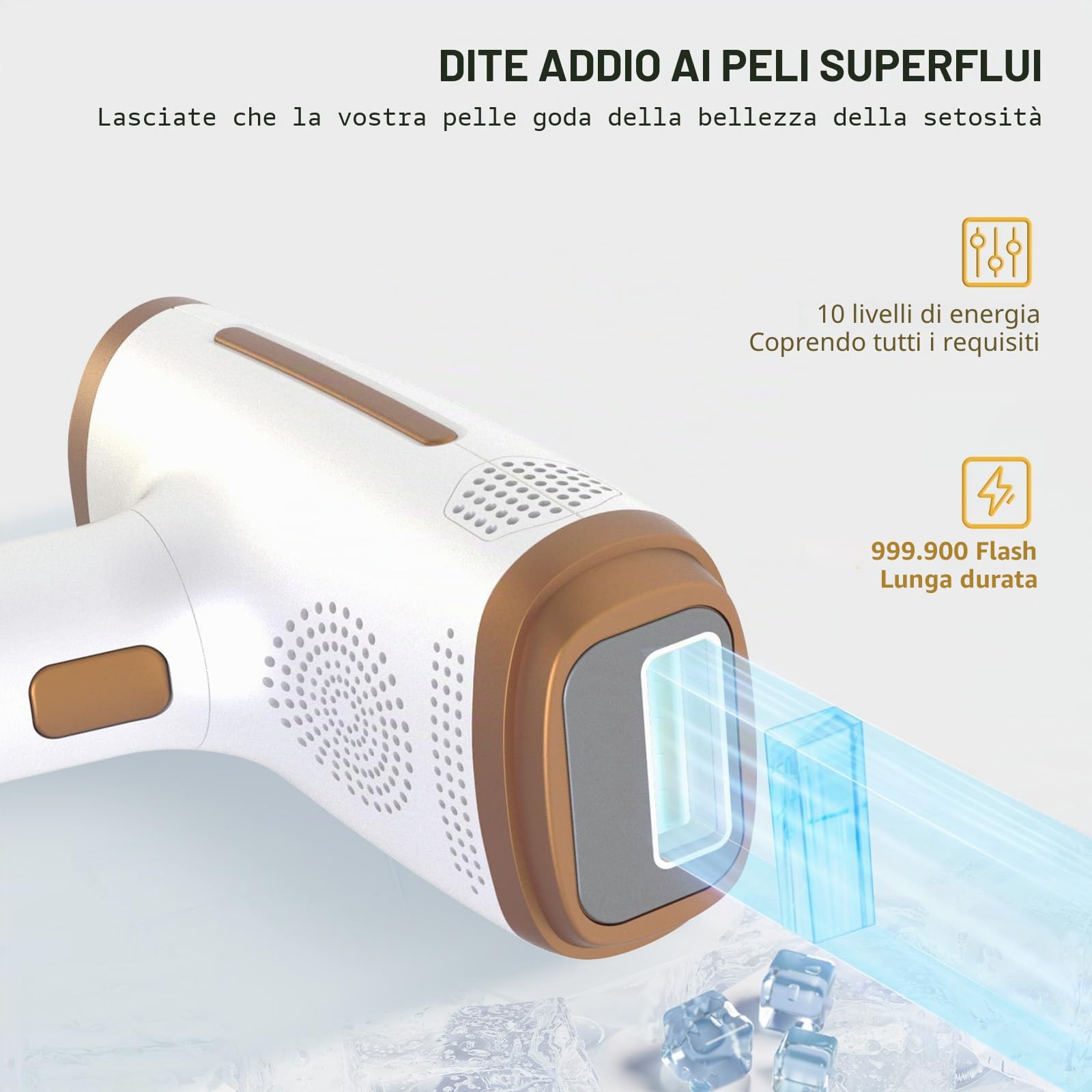 Dispositivo di depilazione IPL con tecnologia di raffreddamento del ghiaccio, dispositivo di depilazione laser aggiornamento 2026 con HR/SC/RA/BT, 10 livelli di energia, 999.999 flash per donne/uomini