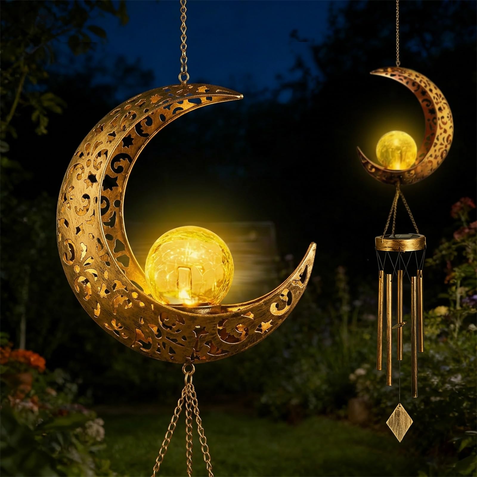 Carillon éolien solaire décoratif lune, le cadeau idéal pour amoureux de jardin