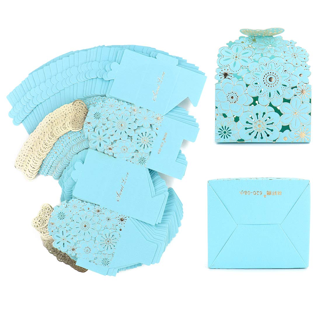 Kslong 50 Stück/Set Blumen Schmetterling hohle Süßigkeiten Box Kekse Geschenkboxen Romantische Hochzeit Gastgeschenke Niedliche Schokoladenbox für Hochzeit Braut Geburtstag Party Zubehör (Blau, S)