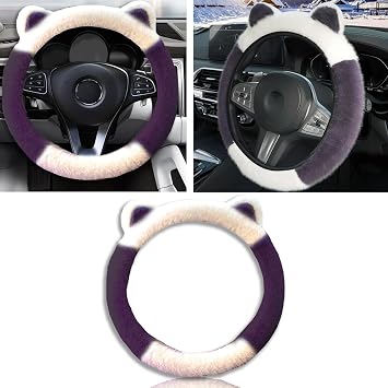 Car Steering Wheel Cover, Cute Steering Wheel Protector with Kitty Cat Ears,Fluffy Soft Plush for Winter Warm, Universal Fit 15 inches for Car,SUV, Elastic & Anti-Slip White/Purple