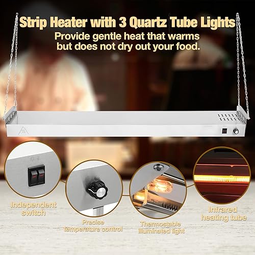 Miniatura 3 de Restlrious Calentador eléctrico de tira de 48 pulgadas, calentador de alimentos infrarrojo para uso comercial, 3 luces de tubo de cuarzo de acero