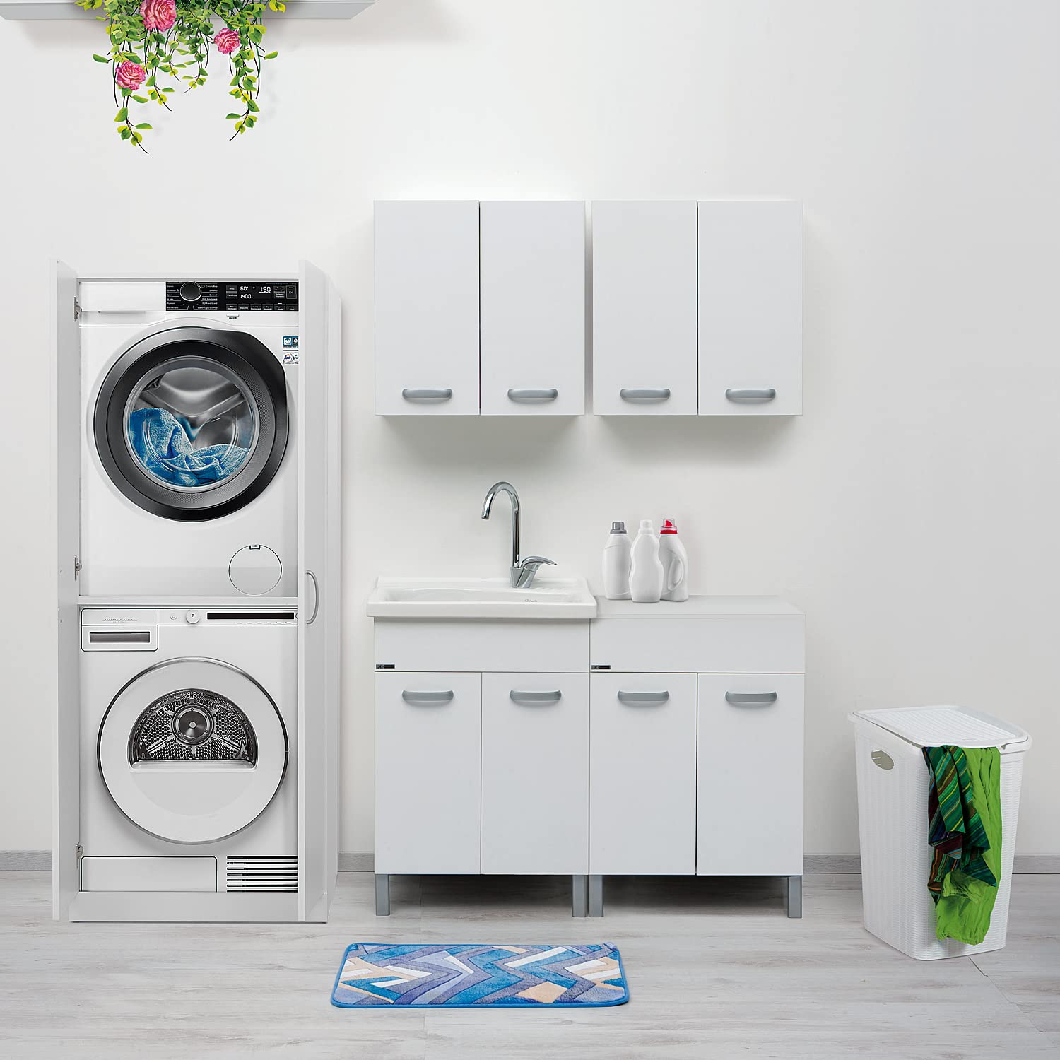 Mobile Lavatoio Lavanderia Mix 60 x 60 x 82 H in Legno da 1.8 cm per Lavatoio in Ceramica e Resina PVC Incasso Vasca 57,5 x 57,5 DOMINA Bianco e Mix (BIanco/Bianco)