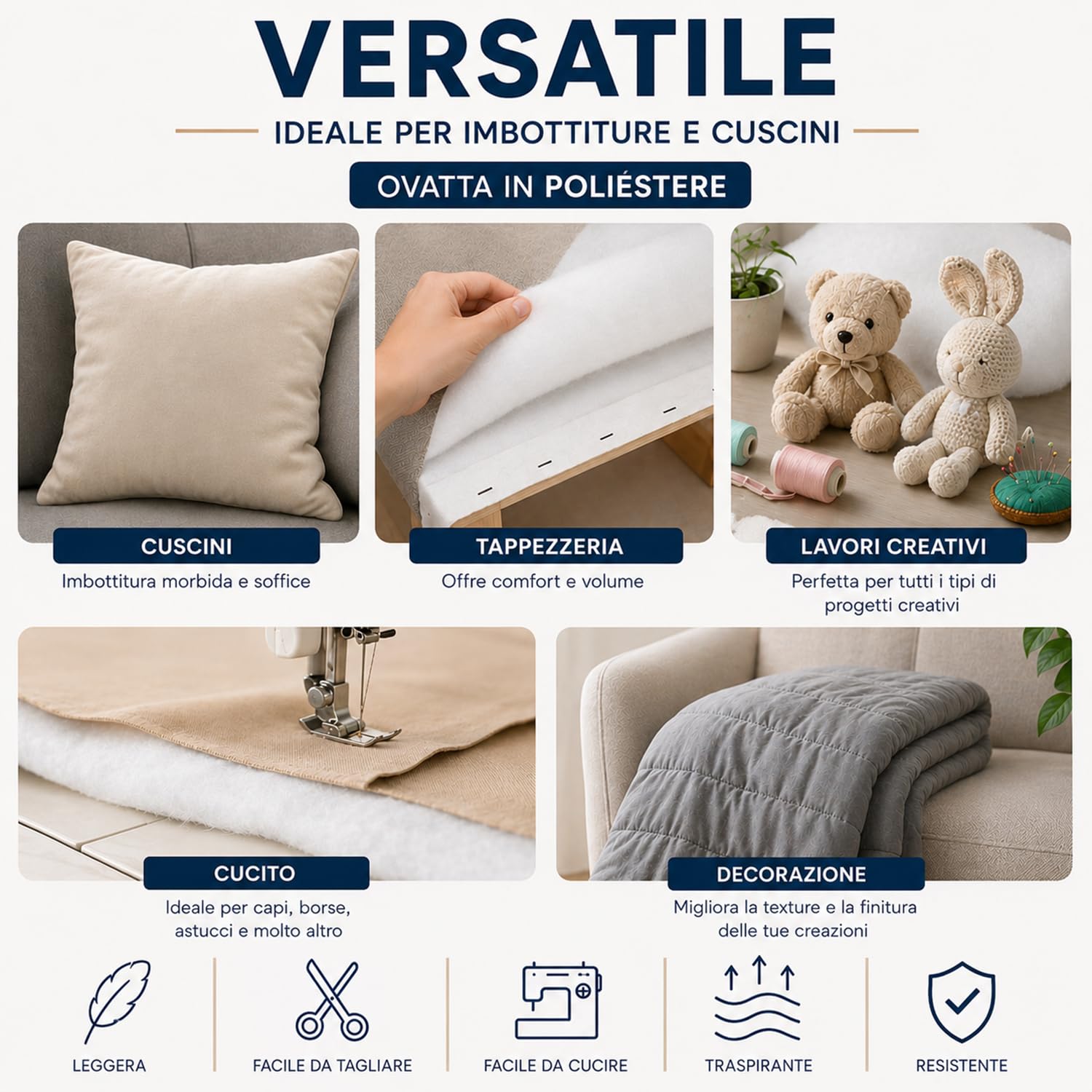 Ovatta Imbottitura in Poliestere 150 g/m² 160 cm di Larghezza, Vendita al Metro, Morbida e Leggera, Tappezzeria, Cuscini, Trapunte, Cucito e Hobby Creativi (Bianco 150 g/m², 100 cm x 160 cm)