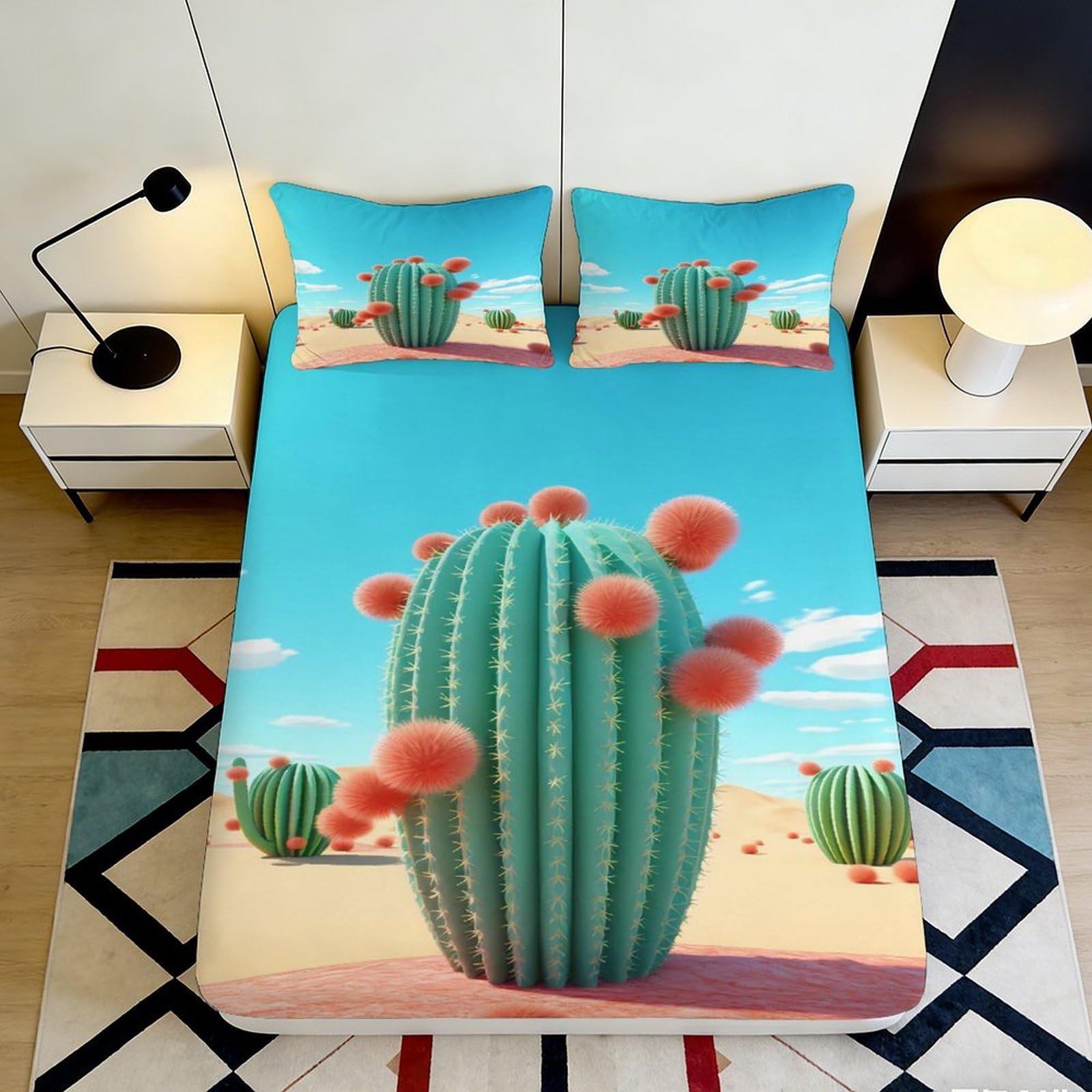 3D Printed Cactus Desert Fitted Sheet Microfiber Soft Breathable Succulent Landscape Mattress Cover for Bedroom Decor 90x200x25cm