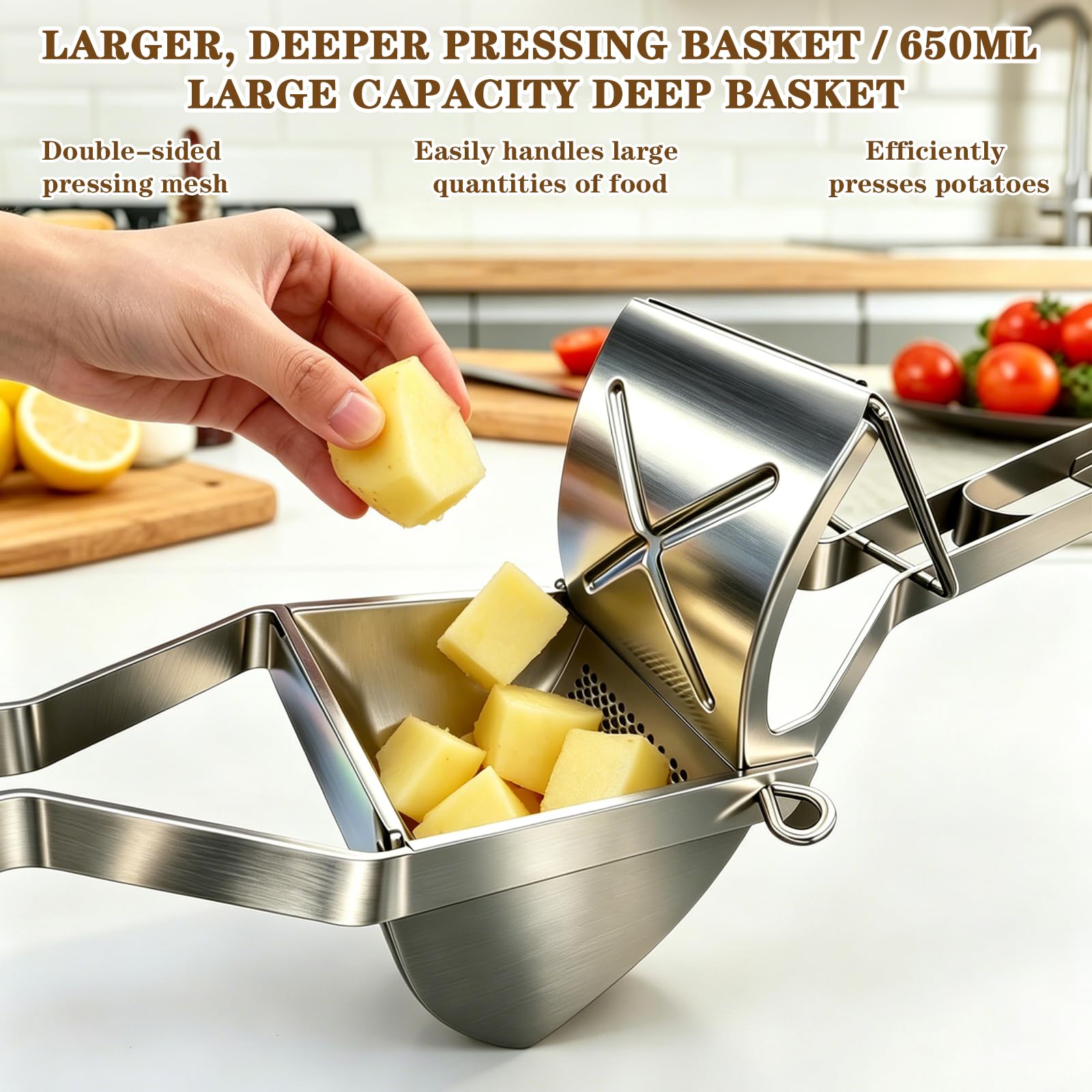 Schiacciapatate, Schiacciapatate Acciaio Inox con Spatola in silicone, spazzola per la pulizia e pelapatate, per Purè di Patate, Frutta, Verdure, Bébé, Limone