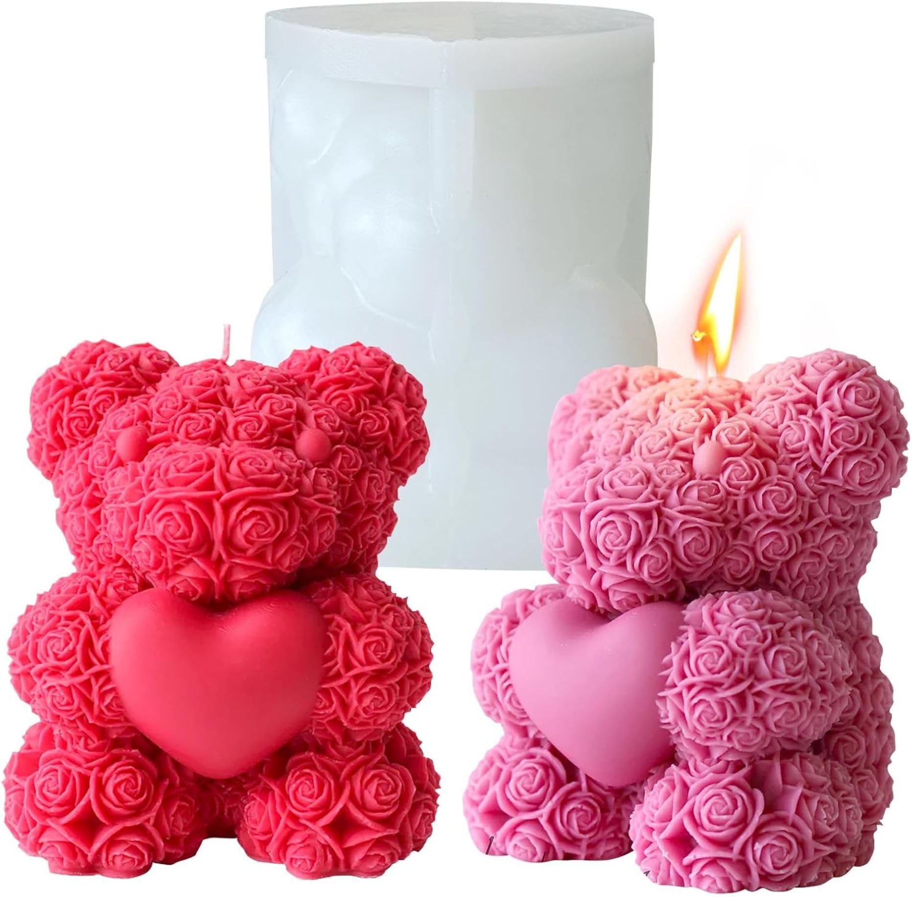 Bake World Silicone Valentine's Day Candle Mold Rose Teddy Bear Holding Heart Making Scented Candle Wax Melts Home Decor Candles Resin Casting Handmade Couple Gift DIY Soap Making Wedding Decor DYF7332-image-27