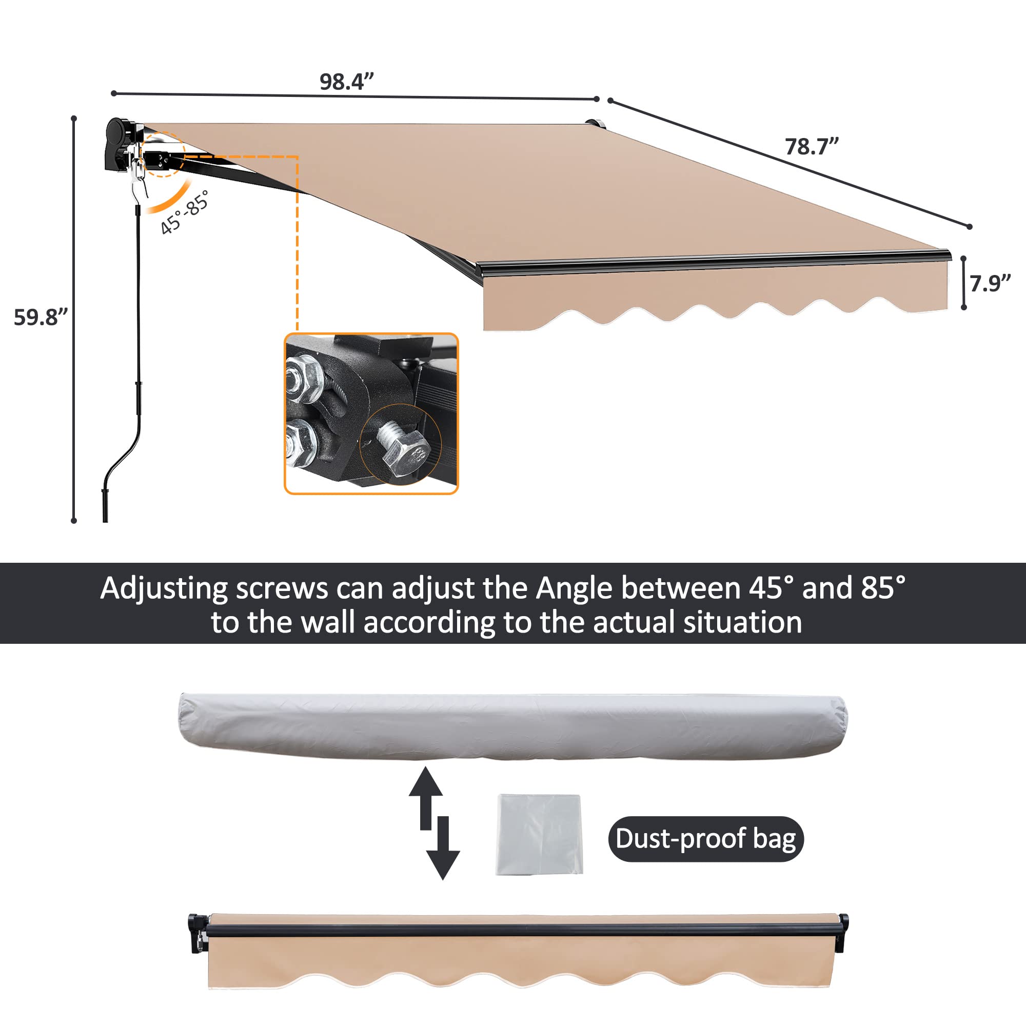 8'x7' Patio Retractable Awnings UV Protection Sun Shade Window Door