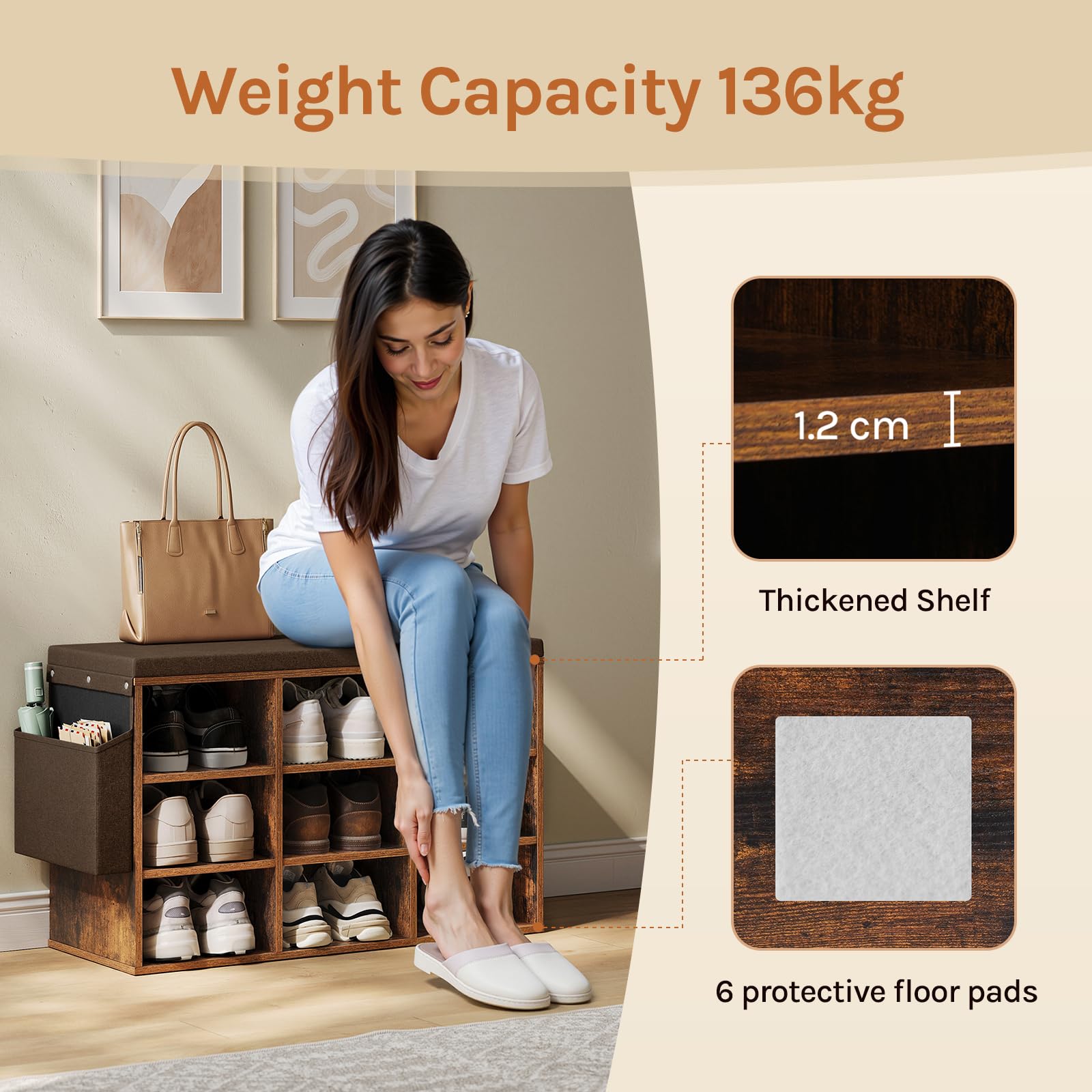 WOLTU Szafka na buty, regał na buty z ławką, 9 półek | Do przechowywania butów, do przedpokoju, z materiału drewnopochodnego z fornirem, 76,8 x 30 x 48,5 cm, brązowy vintage