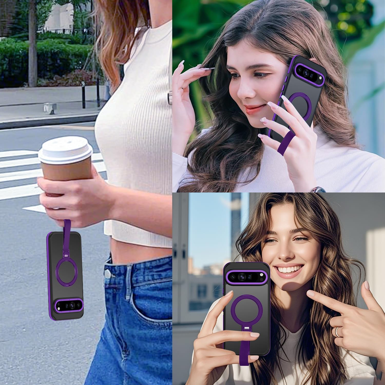 360°Spin Magnetic Stand with Silicone Strap for Google Pixel 10 Pro XL Case [Fit for MagSafe], Mil-Grade Shockproof Translucent Pixel 10 Pro XL Phone Case with Ring Holder (Purple) 2