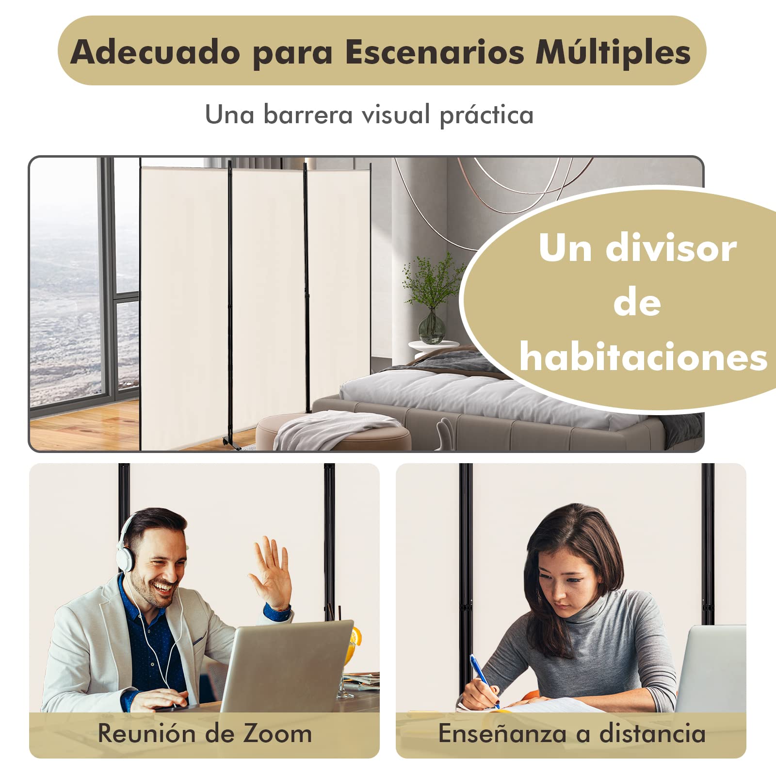 COSTWAY Biombo Separador de Ambientes de 3 Panel con Ruedas Bloqueables, Pared de Separador, Separador de Privacidad Independiente para Sala de Estar, Dormitorio