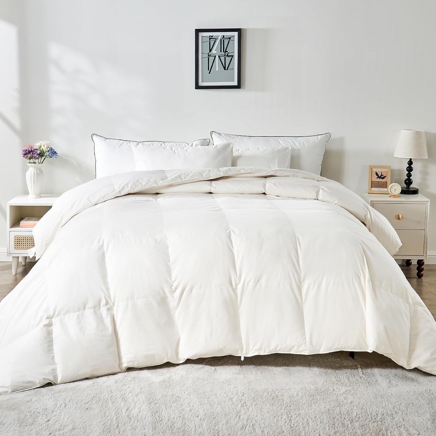 100% Organic Cotton Feather & Down Fibers Comforter King Size, All-Season Hotel-Style Hypoallergenic Duvet Insert, Ivory White 106x90 Inch