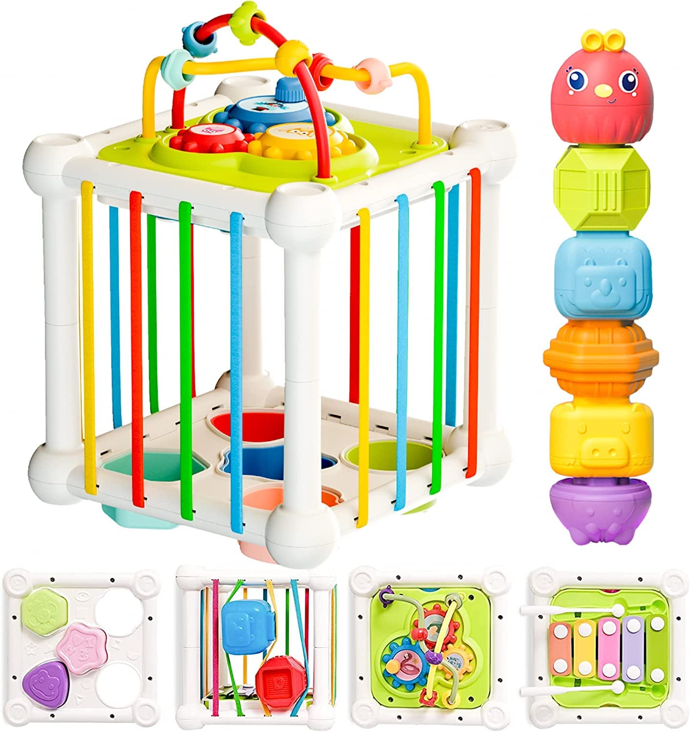 PYEBE 5 in 1 Baby Toys 6 to 12 Months, Montessori Sensory Toys Shape Sorter Colorful Cube with 10 Pcs Stacking Toys,Developmental Learning Toys for Girls Boys Gifts