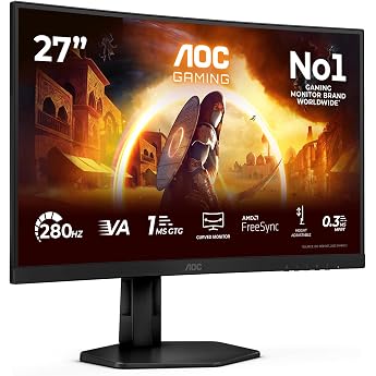 AOC C27G4ZXU 27 Inch Curved FHD USB Hub Gaming Monitor 280Hz Fast VA Panel 1ms GtG HDR10 FreeSync Premium Height Adjustment Speaker 1920 x 1080 HDMI 2X 2.0 DP 1 x 1.4 Black