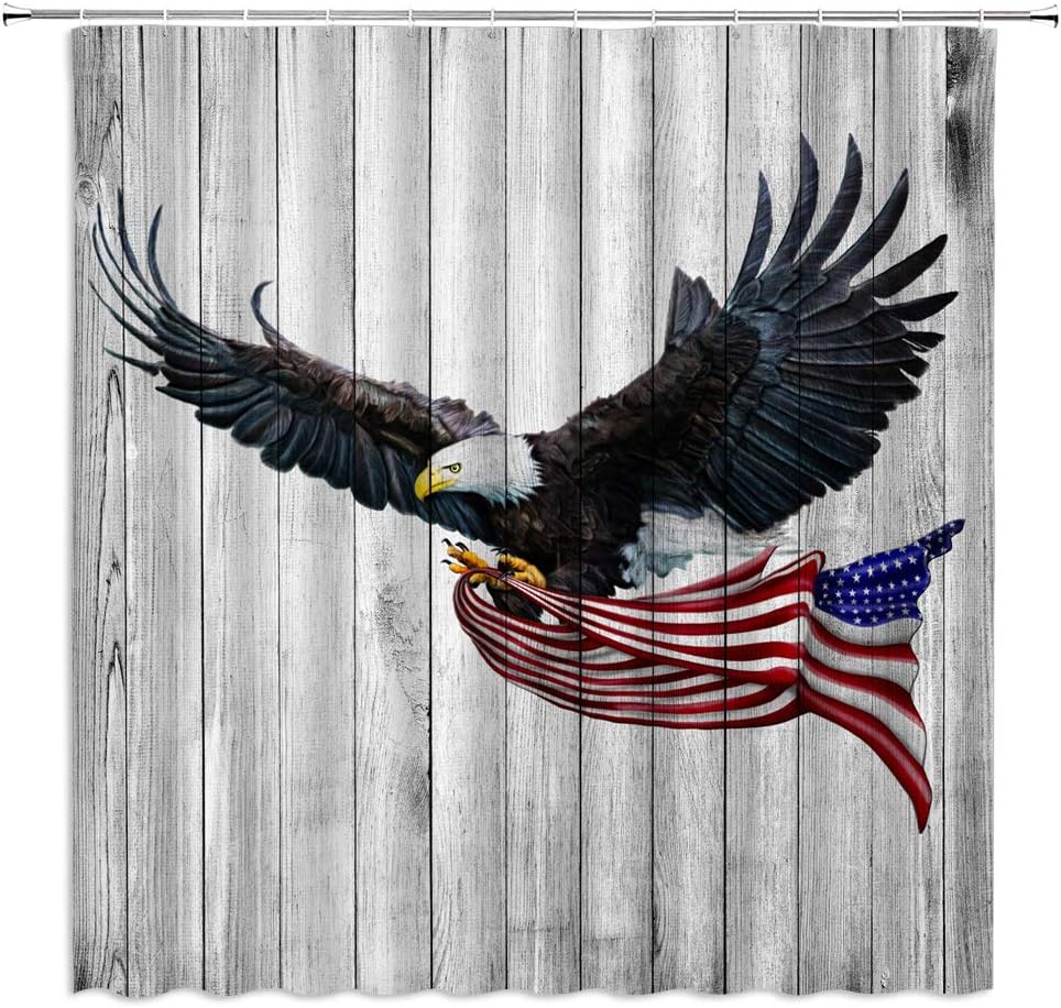 4th July Shower Curtain Bald Eagle American Flag Patriotic Independence Day Rustic Wooden Bathroom Decor Polyester Curtains with Hooks